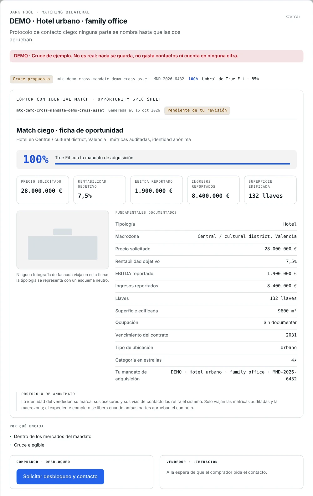 Ficha de cruce ciego de la app: puntuación de encaje, datos documentados y protocolo de anonimato